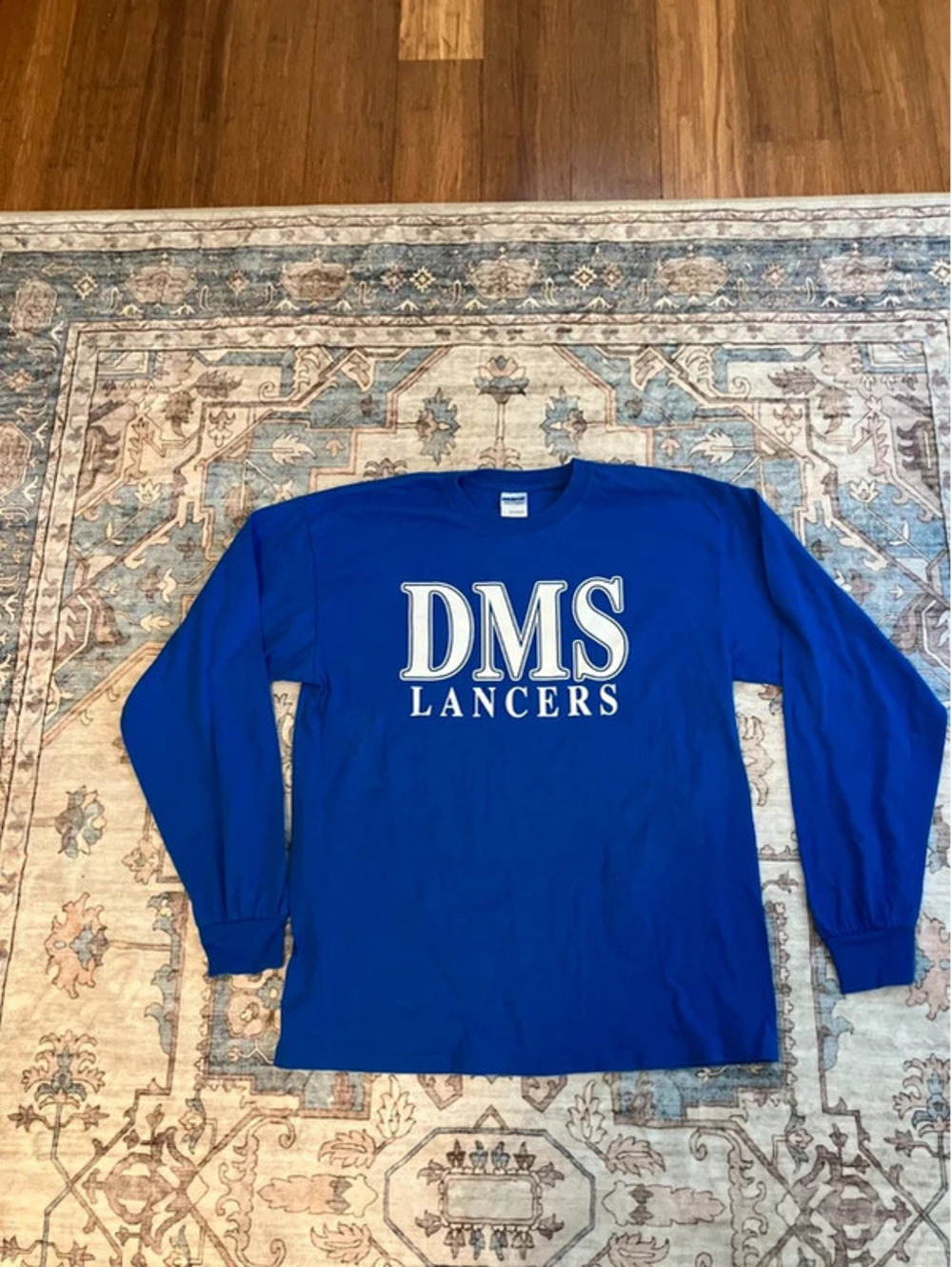 Gildan Adult L DMS Lancers Long SleeveT Royal Blue White School Spirit Americana